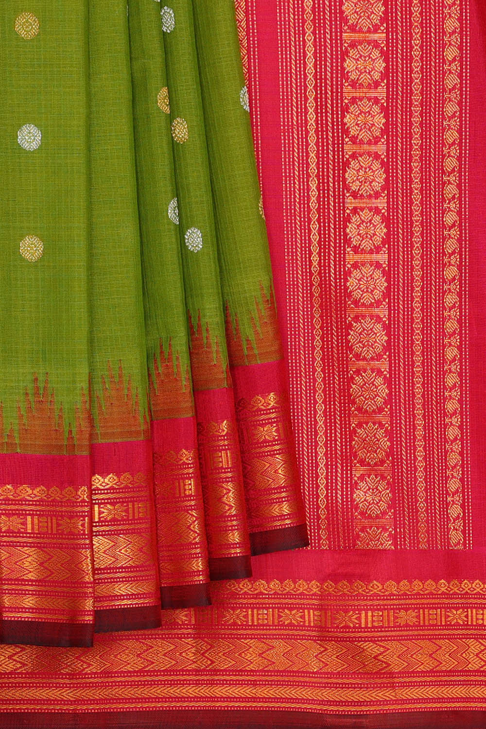 Image of Gadwal Silk Cotton Parrot Green Saree